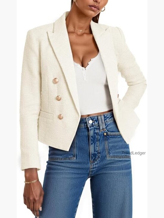 Jackets & Blazers - Cropped Tweed Blazer Jacket Open Front Long Sleeve Business Suit with Pockets